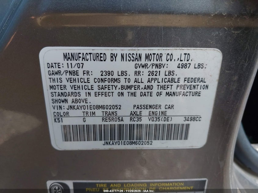 2008 Infiniti M35 VIN: JNKAY01E08M602052 Lot: 43777129