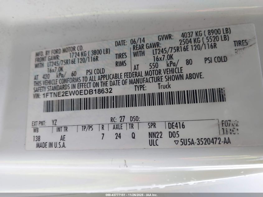 2014 Ford E-250 Commercial VIN: 1FTNE2EW0EDB18632 Lot: 43777151