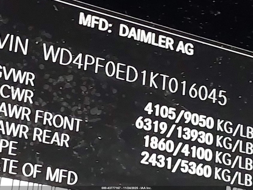 2019 Mercedes-Benz Sprinter 2500 High Roof I4/Standard Roof I4 VIN: WD4PF0ED1KT016045 Lot: 43777167