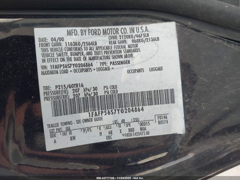 2000 Ford Taurus Sel VIN: 1FAFP56S7YG204864 Lot: 43777185