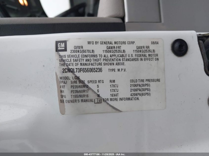 2005 Chevrolet Equinox Lt VIN: 2CNDL73F656065236 Lot: 43777186