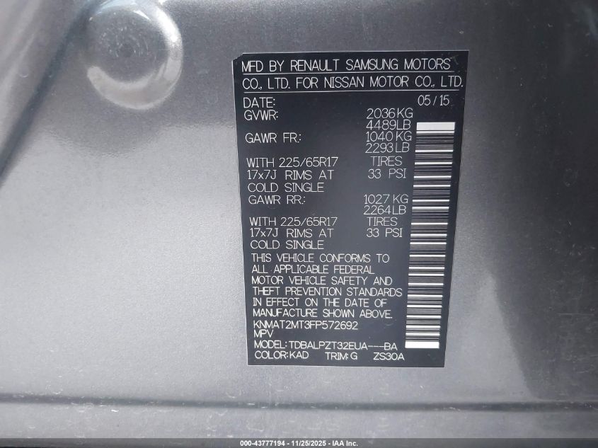 2015 Nissan Rogue S VIN: KNMAT2MT3FP572692 Lot: 43777194