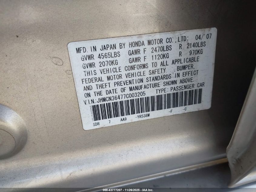 2007 Honda Accord Hybrid VIN: JHMCN36477C003205 Lot: 43777207
