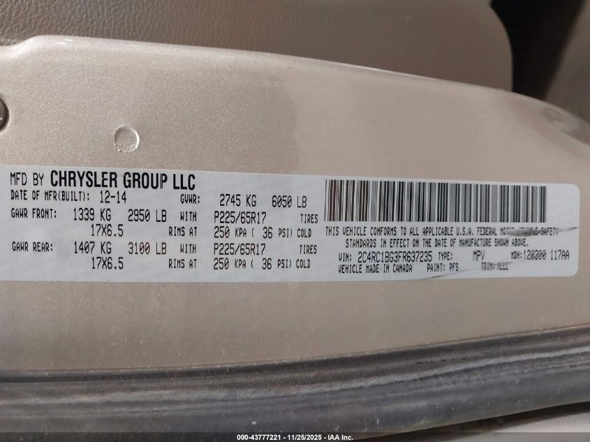 2015 Chrysler Town & Country Touring VIN: 2C4RC1BG3FR637235 Lot: 43777221