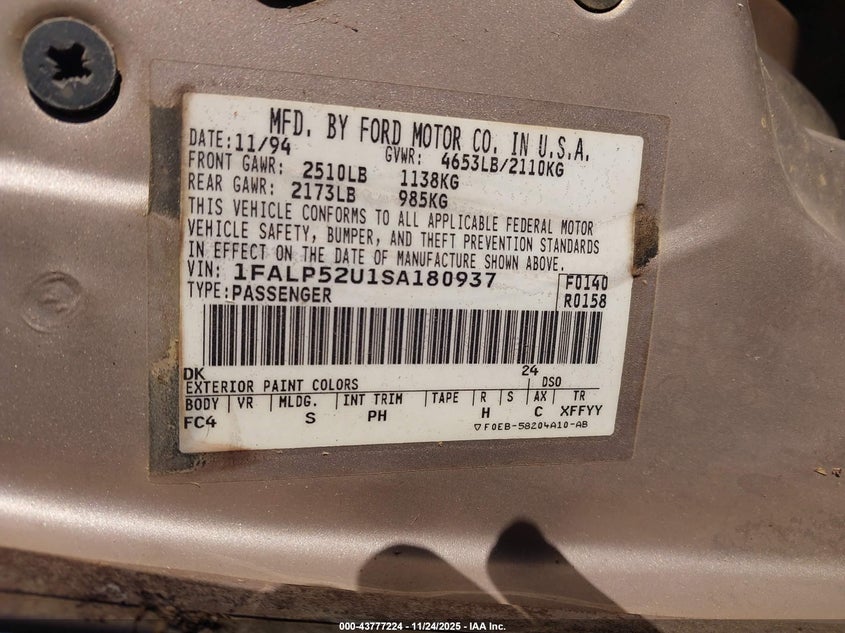 1995 Ford Taurus Gl/Se VIN: 1FALP52U1SA180937 Lot: 43777224