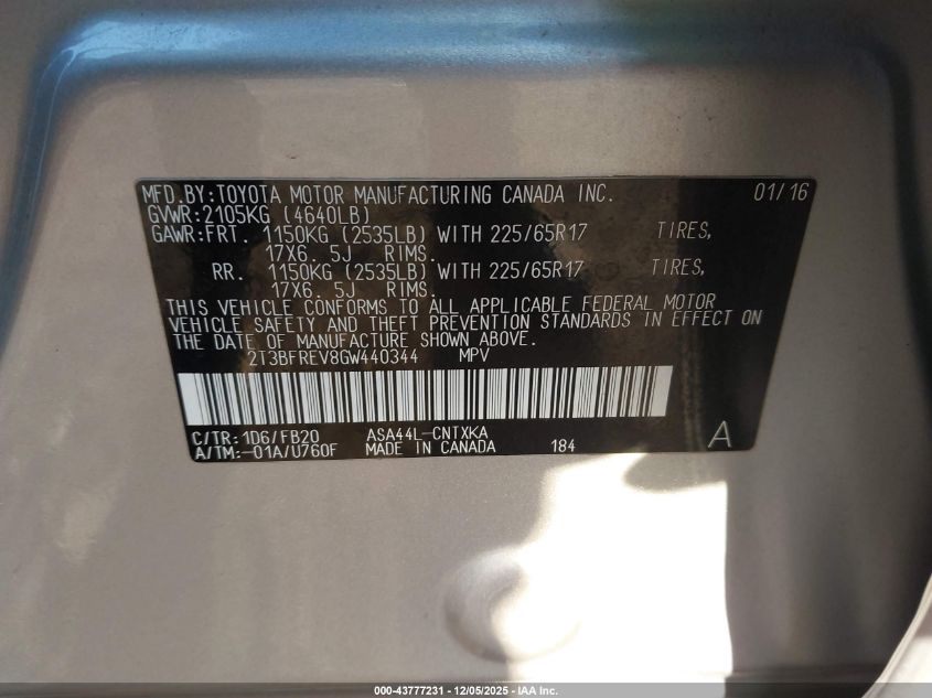 2016 Toyota Rav4 Le VIN: 2T3BFREV8GW440344 Lot: 43777231