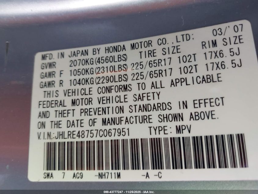 2007 Honda Cr-V Ex-L VIN: JHLRE48757C067951 Lot: 43777247
