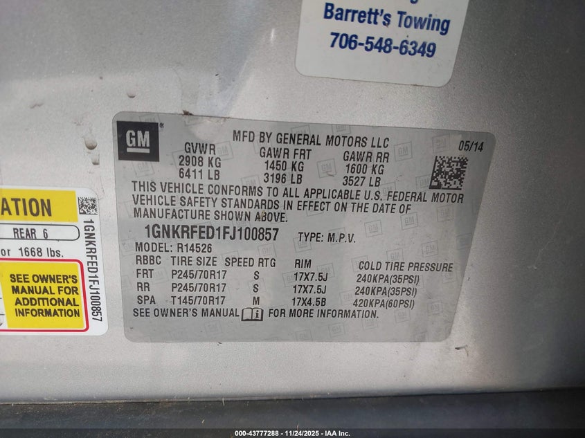 2015 Chevrolet Traverse Ls VIN: 1GNKRFED1FJ100857 Lot: 43777288