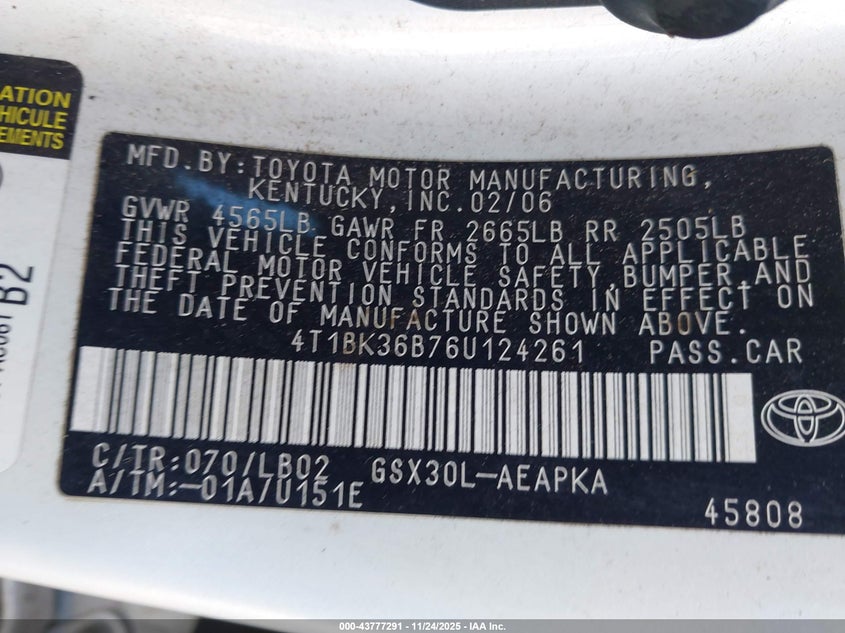 2006 Toyota Avalon Limited VIN: 4T1BK36B76U124261 Lot: 43777291