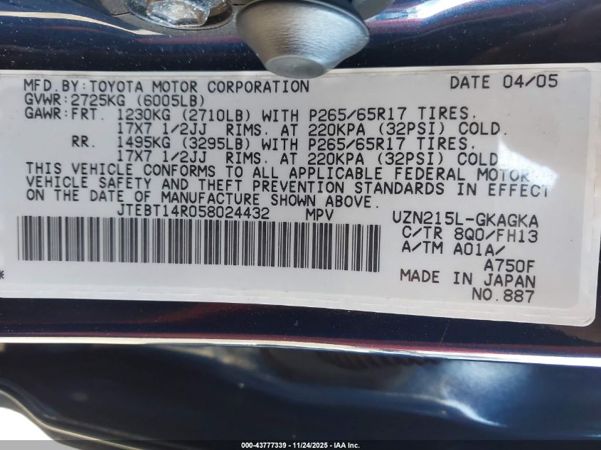 2005 Toyota 4Runner Sr5 Sport V8 VIN: JTEBT14R058024432 Lot: 43777339