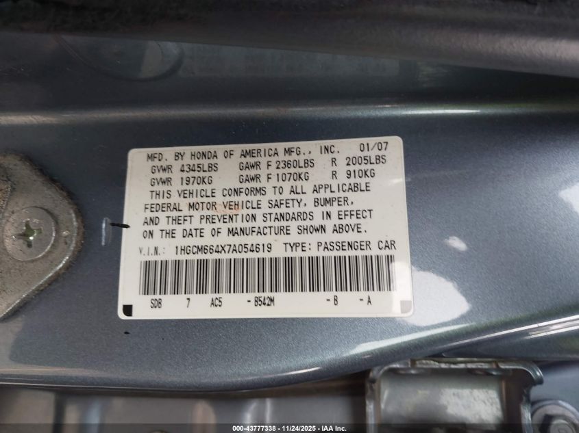 2007 Honda Accord 3.0 Se VIN: 1HGCM664X7A054619 Lot: 43777338