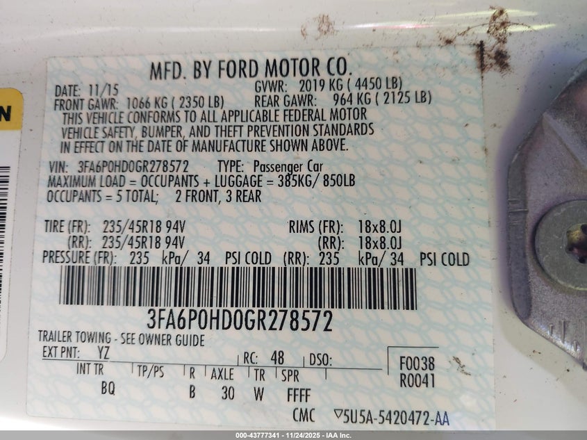 2016 Ford Fusion Se VIN: 3FA6P0HD0GR278572 Lot: 43777341