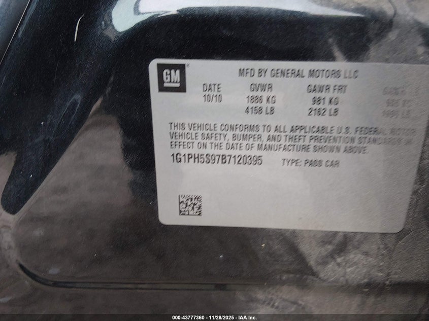 2011 Chevrolet Cruze Ltz VIN: 1G1PH5S97B7120395 Lot: 43777360