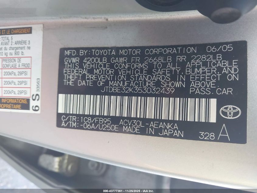 2005 Toyota Camry Le VIN: JTDBE32K353032439 Lot: 43777361