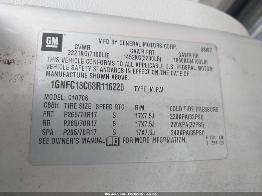 2008 Chevrolet Tahoe Ls VIN: 1GNFC13C68R116220 Lot: 43777363
