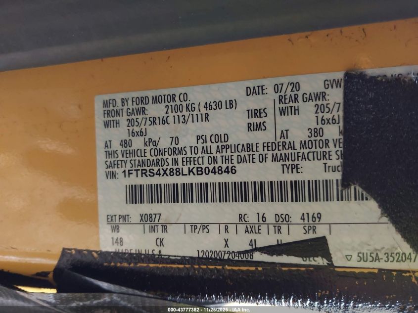 2020 Ford Transit-350 Cargo Van VIN: 1FTRS4X88LKB04846 Lot: 43777382