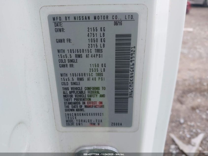 2016 Nissan Nv200 S/Sv VIN: 3N6CM0KN4GK699921 Lot: 43777384