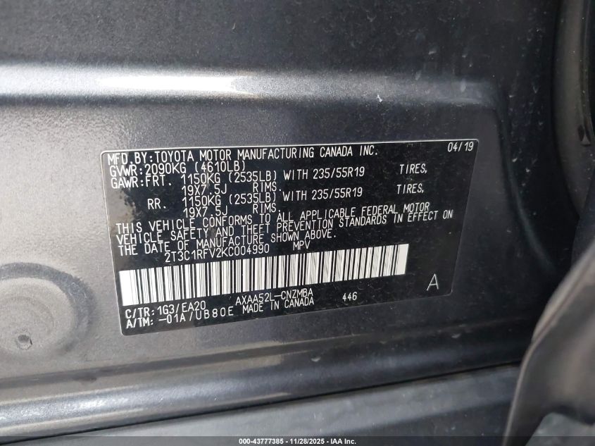 2019 Toyota Rav4 Xle Premium VIN: 2T3C1RFV2KC004990 Lot: 43777385