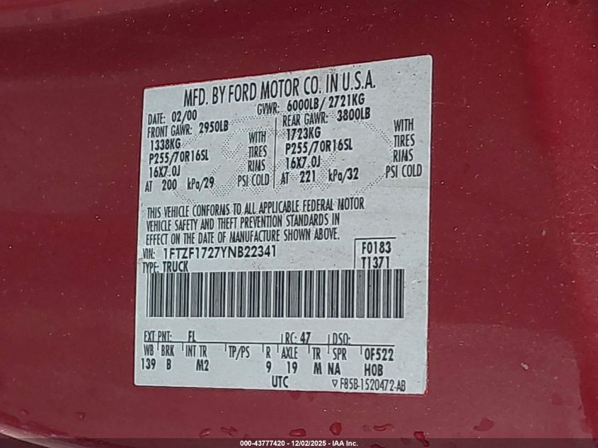 2000 Ford F-150 Work Series/Xl/Xlt VIN: 1FTZF1727YNB22341 Lot: 43777420