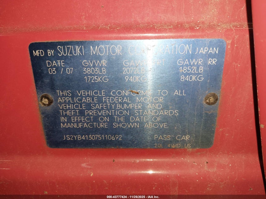 2007 Suzuki Sx4 Convenience/Rally VIN: JS2YB413075110692 Lot: 43777424
