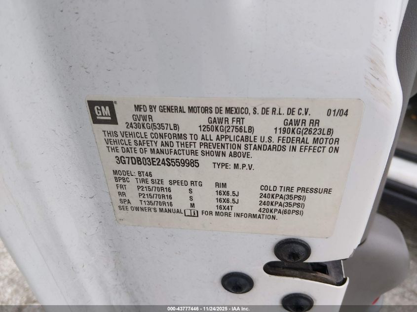 2004 Pontiac Aztek VIN: 3G7DB03E24S559985 Lot: 43777446