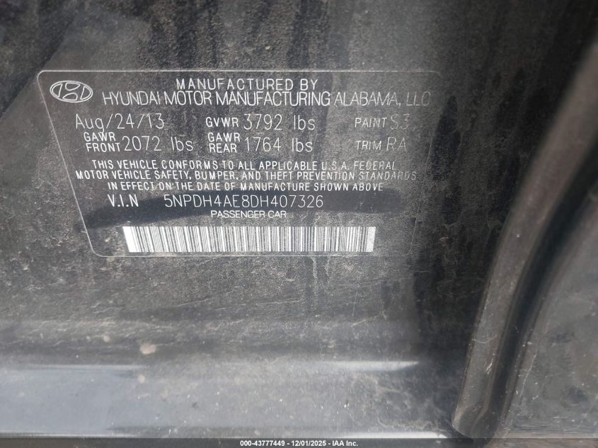 2013 Hyundai Elantra Gls VIN: 5NPDH4AE8DH407326 Lot: 43777449