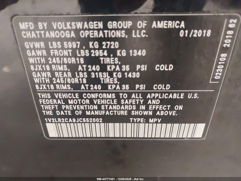 2018 Volkswagen Atlas 3.6L V6 Se/3.6L V6 Se W/Technology VIN: 1V2LR2CA9JC552002 Lot: 43777451