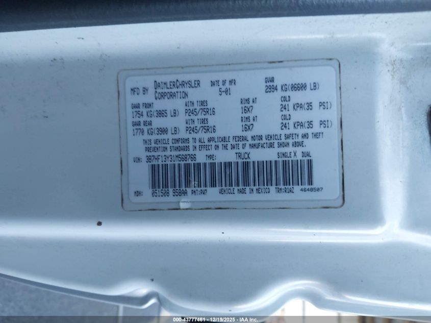 2001 Dodge Ram 1500 St VIN: 3B7HF13Y31M568766 Lot: 43777461