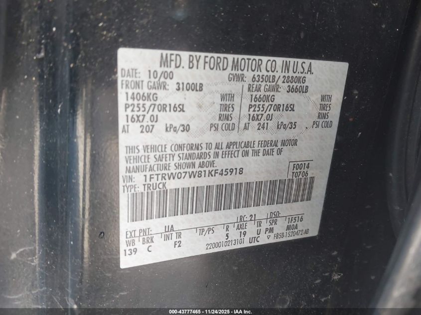 2001 Ford F-150 Harley-Davidson Edition/King Ranch Edition/Lariat/Xlt VIN: 1FTRW07W81KF45918 Lot: 43777465