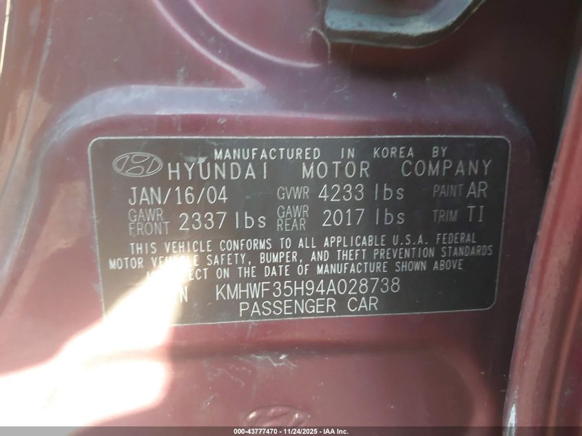 2004 Hyundai Sonata Gls/Lx VIN: KMHWF35H94A028738 Lot: 43777470
