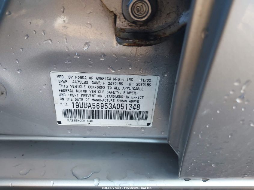 2003 Acura Tl 3.2 Type S VIN: 19UUA56953A051348 Lot: 43777473