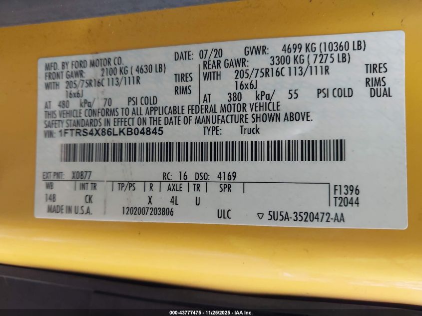 2020 Ford Transit-350 Cargo Van VIN: 1FTRS4X86LKB04845 Lot: 43777475