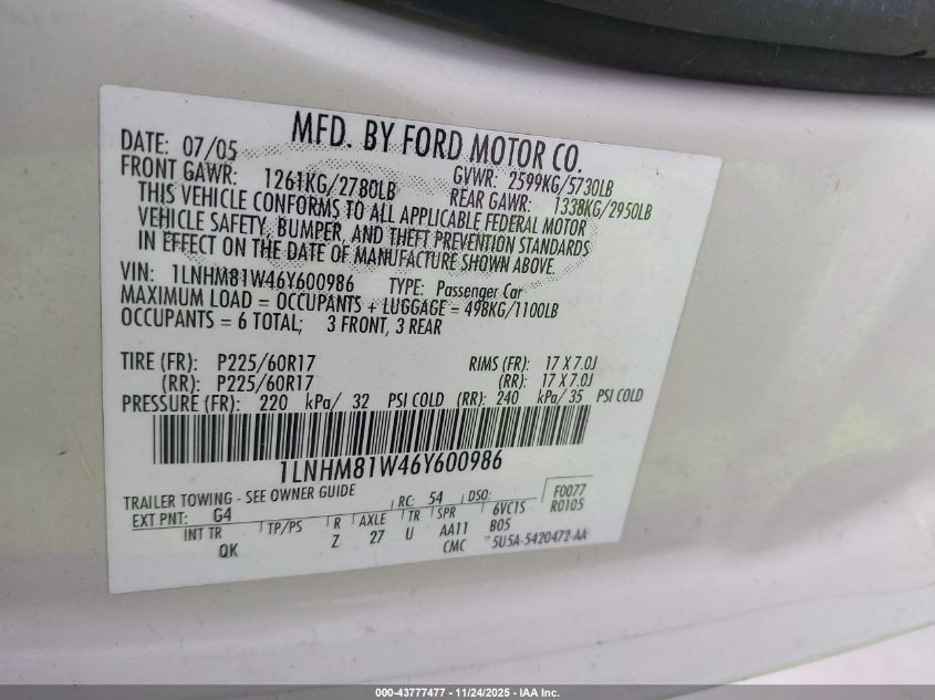 2006 Lincoln Town Car Signature VIN: 1LNHM81W46Y600986 Lot: 43777477