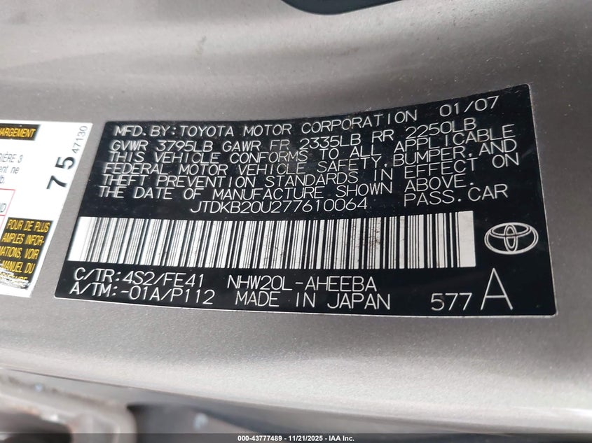 2007 Toyota Prius VIN: JTDKB20U277610064 Lot: 43777489