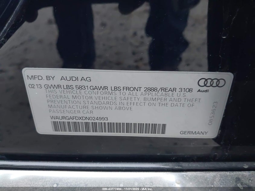 2013 Audi A8 L 3.0T VIN: WAURGAFDXDN024993 Lot: 43777494