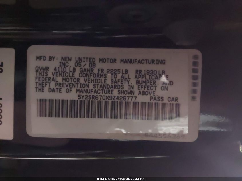 2009 Pontiac Vibe Gt VIN: 5Y2SR670X9Z426777 Lot: 43777507