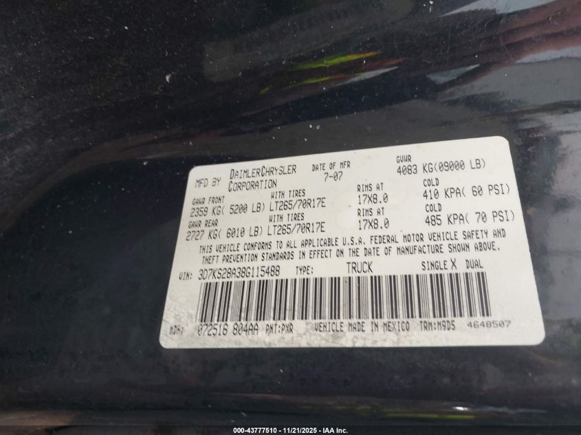 2008 Dodge Ram 2500 Slt VIN: 3D7KS28A38G115488 Lot: 43777510