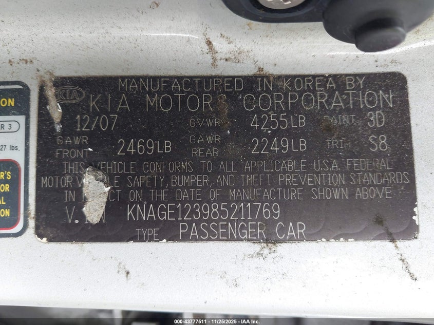 2008 Kia Optima Lx VIN: KNAGE123985211769 Lot: 43777511