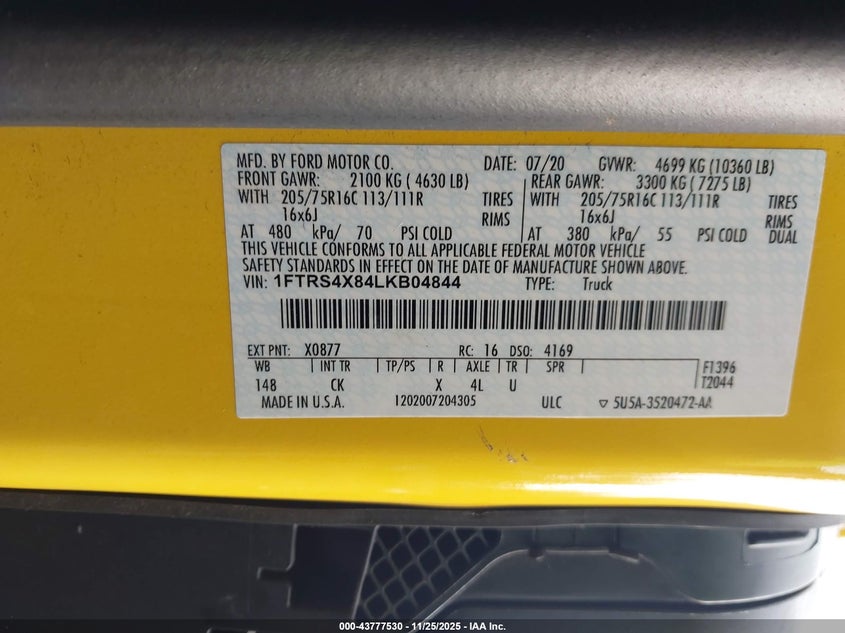 2020 Ford Transit VIN: 1FTRS4X84LKB04844 Lot: 43777530