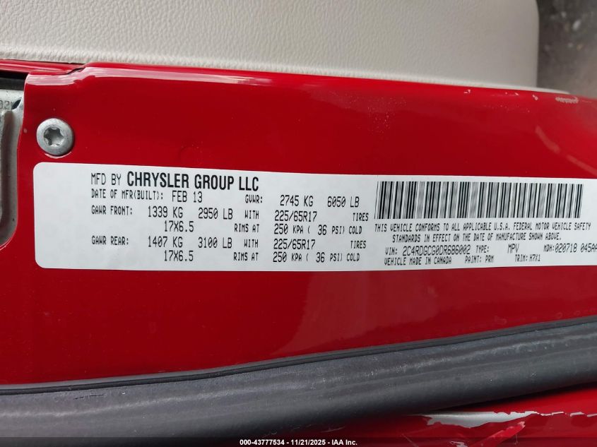 2013 Dodge Grand Caravan Sxt VIN: 2C4RDGCG0DR686002 Lot: 43777534