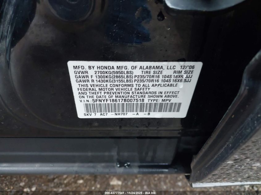2007 Honda Pilot Ex-L VIN: 5FNYF18617B007518 Lot: 43777541