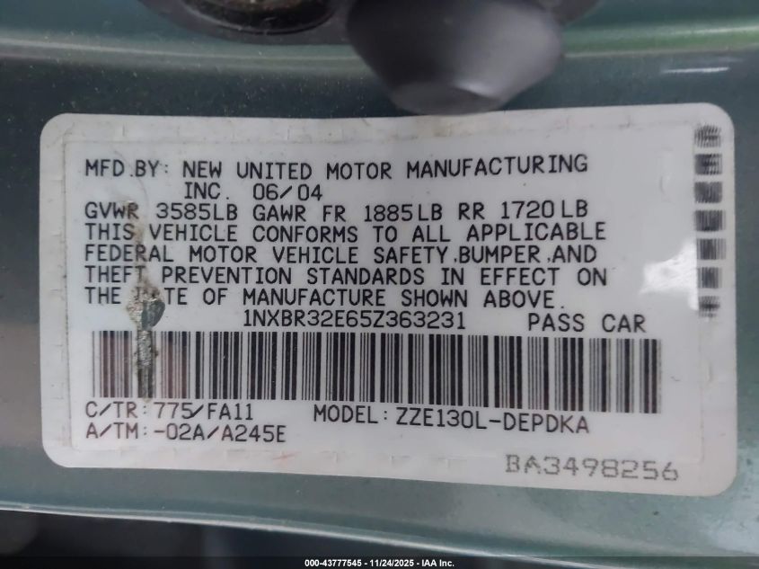 2005 Toyota Corolla Ce VIN: 1NXBR32E65Z363231 Lot: 43777545