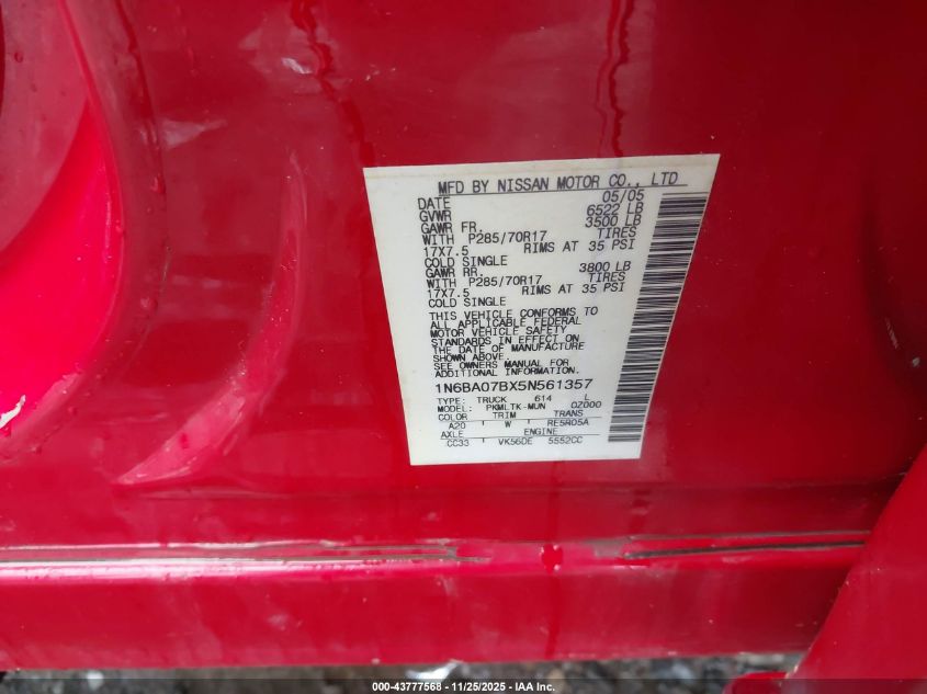 2005 Nissan Titan Se VIN: 1N6BA07BX5N561357 Lot: 43777568
