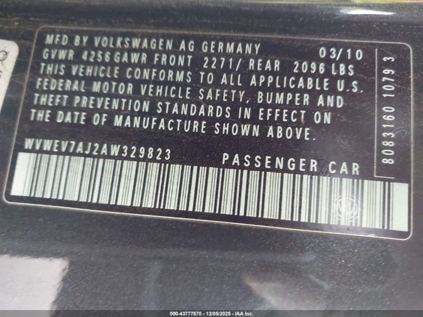 2010 Volkswagen Gti 2-Door VIN: WVWEV7AJ2AW329823 Lot: 43777570
