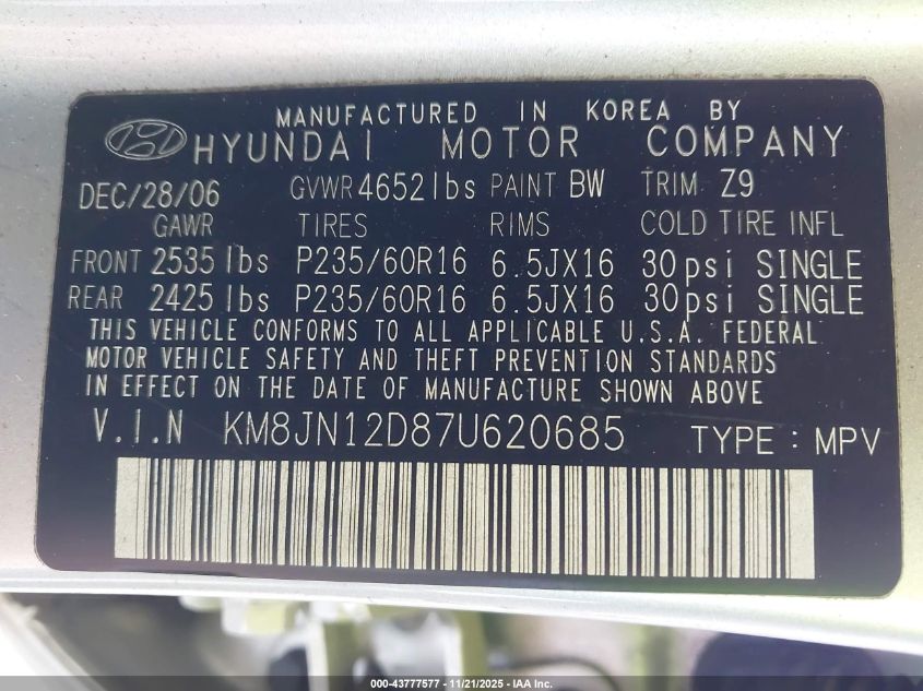 2007 Hyundai Tucson Limited/Se VIN: KM8JN12D87U620685 Lot: 43777577