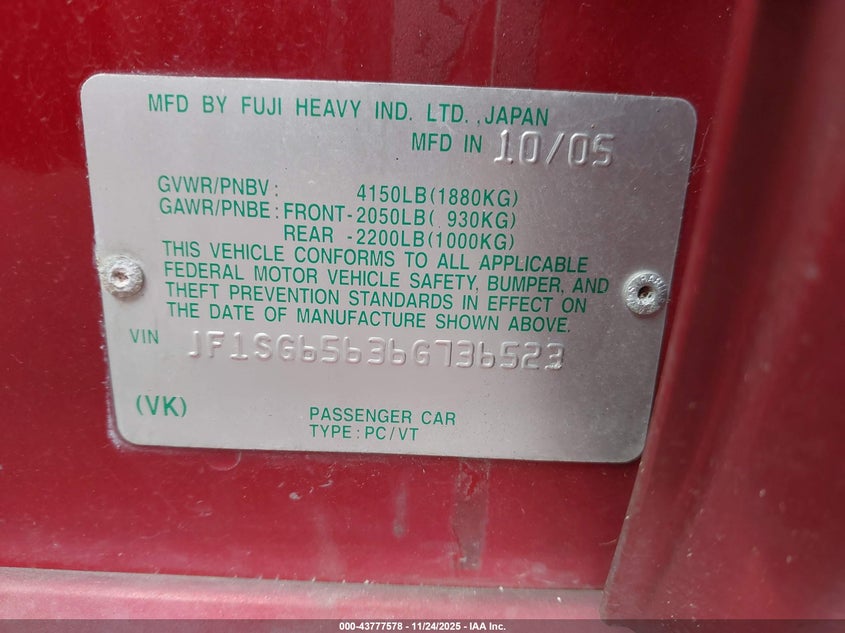 2006 Subaru Forester 2.5X VIN: JF1SG65636G736523 Lot: 43777578