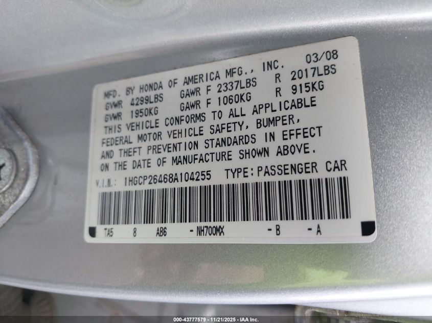 2008 Honda Accord 2.4 Lx-P VIN: 1HGCP26468A104255 Lot: 43777579