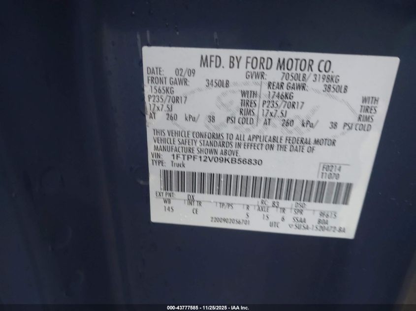 2009 Ford F-150 Xl/Xlt VIN: 1FTPF12V09KB56830 Lot: 43777585