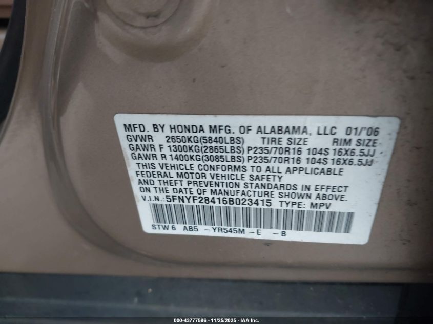 2006 Honda Pilot Ex VIN: 5FNYF28416B023415 Lot: 43777586