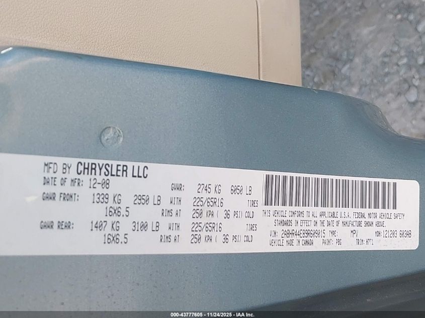 2009 Chrysler Town & Country Lx VIN: 2A8HR44E89R609015 Lot: 43777605